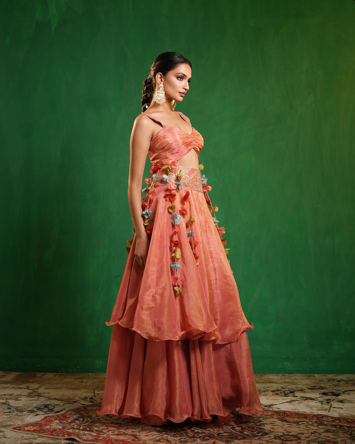 Peach Pink Tissue Layered Indo Skirt Set (Set of 2)