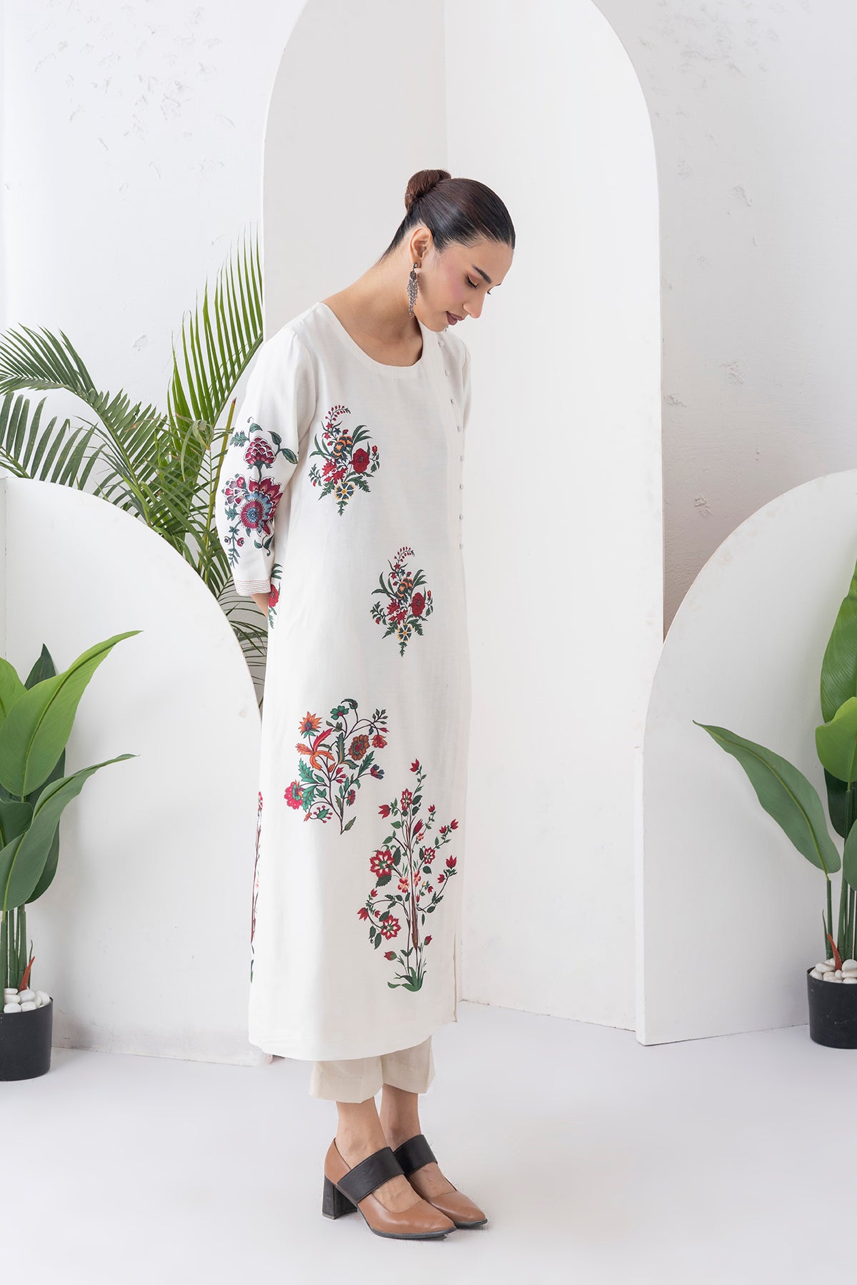 Ivory Silk Chanderi Floral Boota Printed Dress (1 PC)
