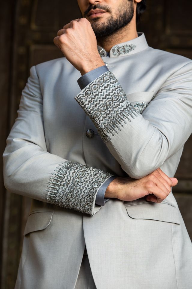Silver Grey Jodhpuri Suit Zardozi Embroidered