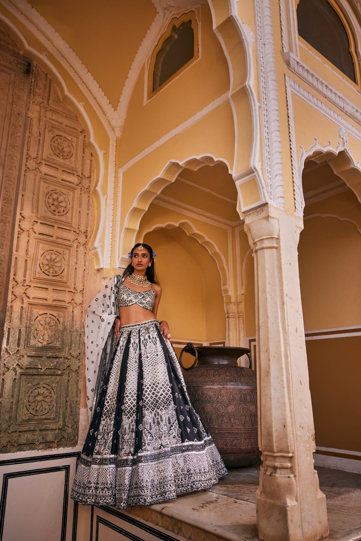 Black And White Lehenga Set With Alternating Panels