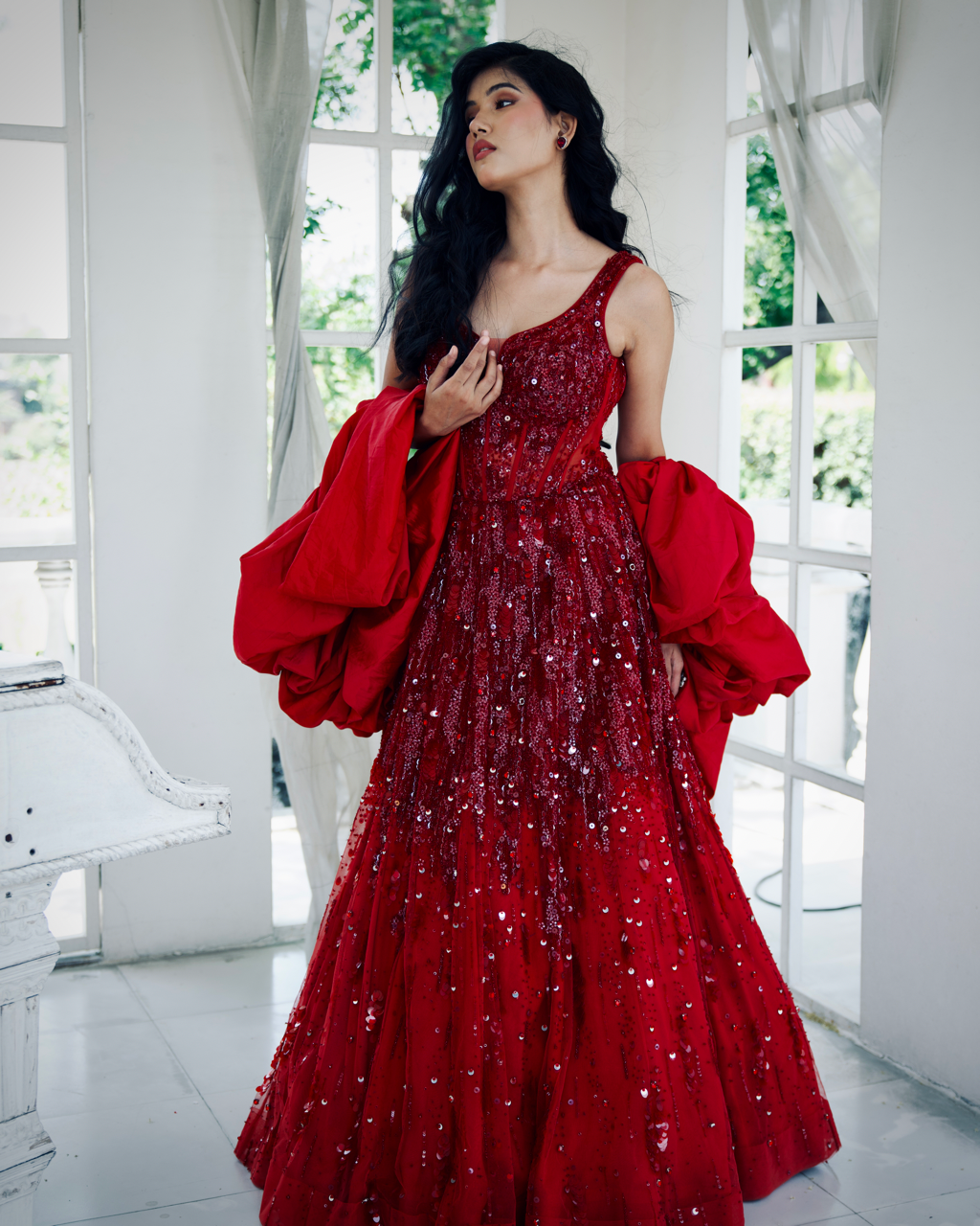 Arunodaya Red Embroidered Gown set with Cape