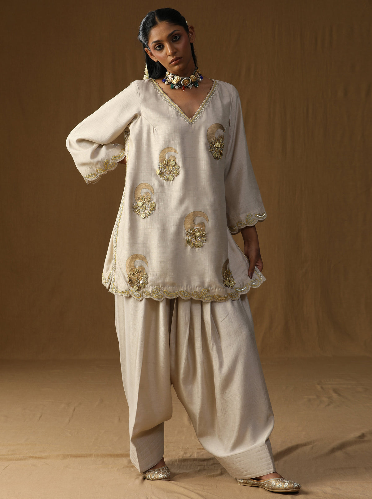 Vrinda — Beige Mritika Embroidered Suit Set