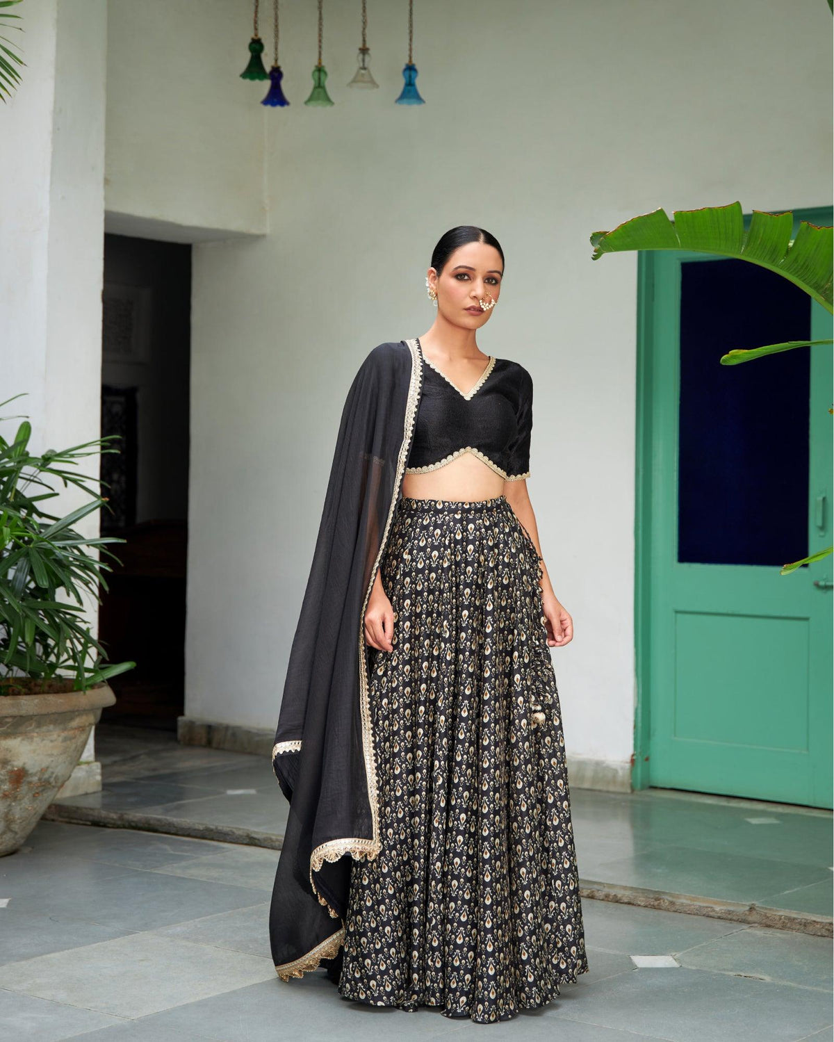 Black Chanderi Printed Lehenga Set