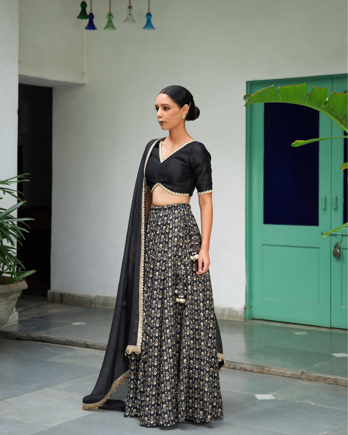 Black Chanderi Printed Lehenga Set