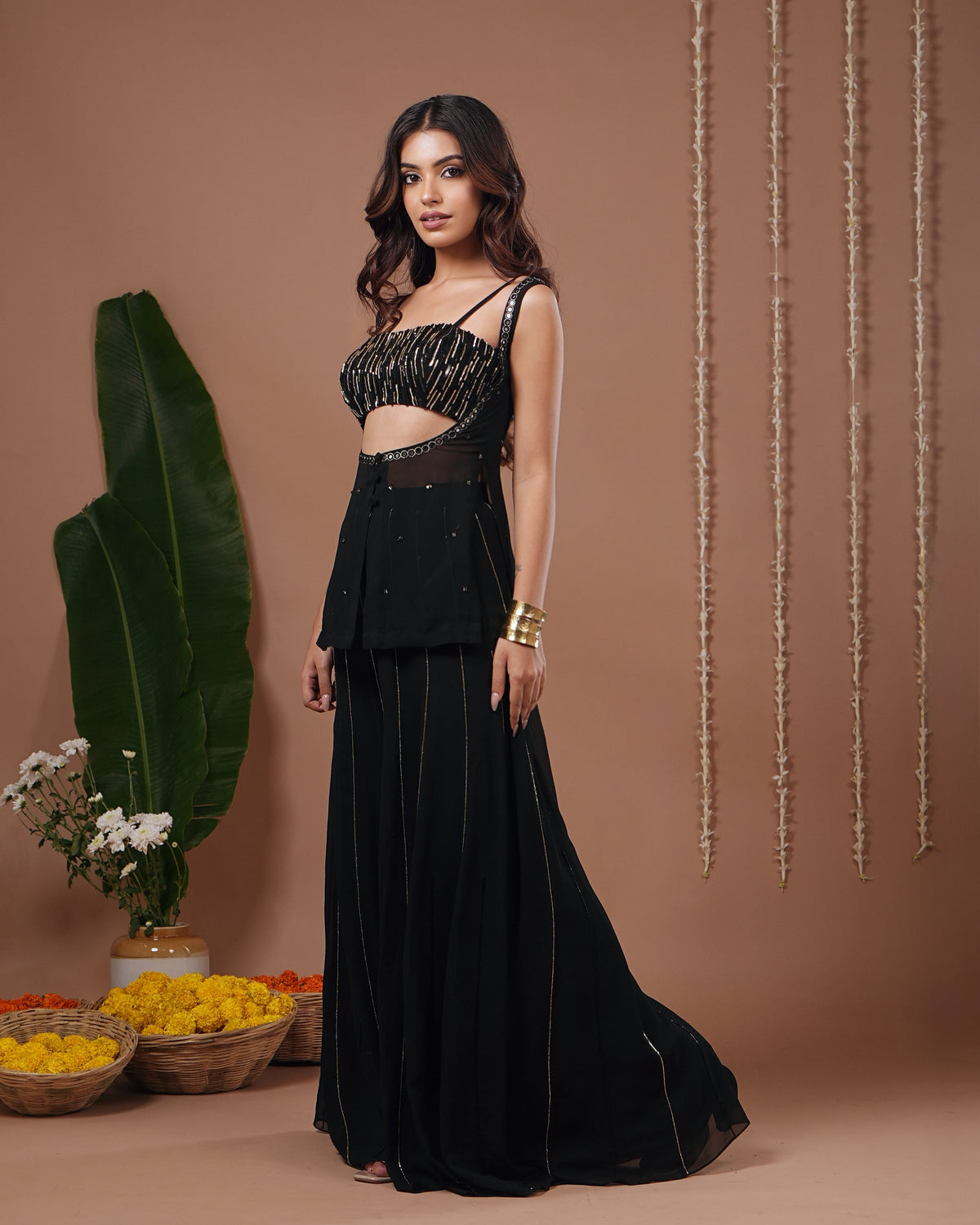 Black Georgette Heavy Indo Set (Set of 3)
