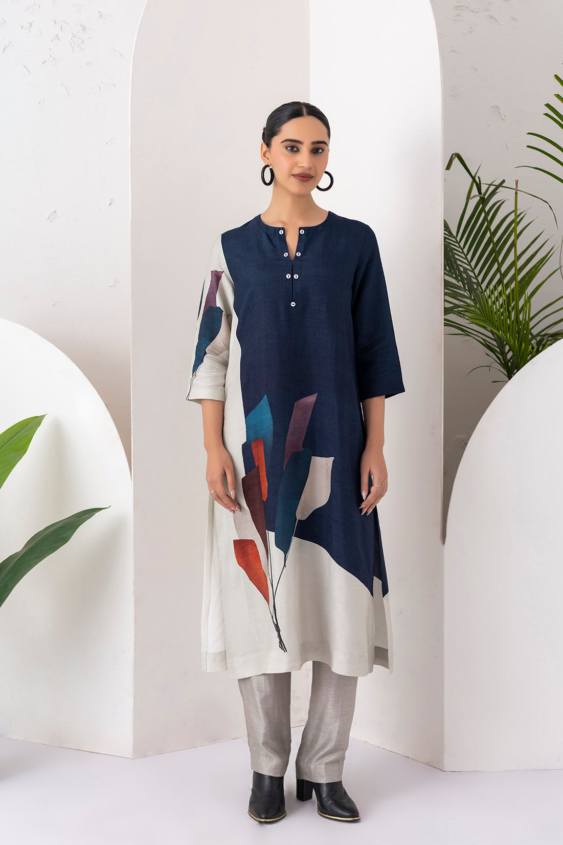 Blue & Ivory Viscose Dupion Printed Tunic (1 PC)