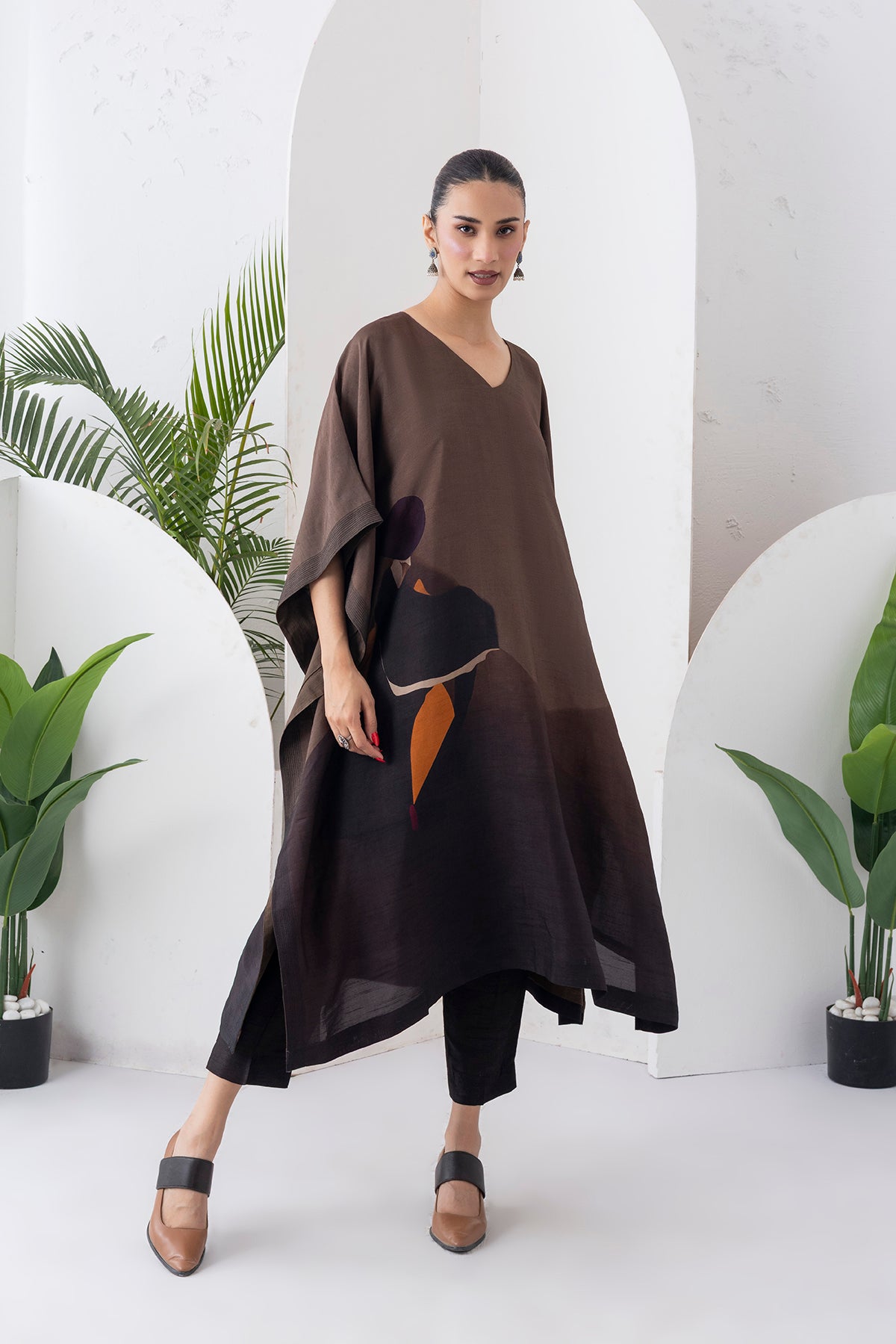Shades Of Brown Viscose Dupion Printed Kaftan (1 PC)