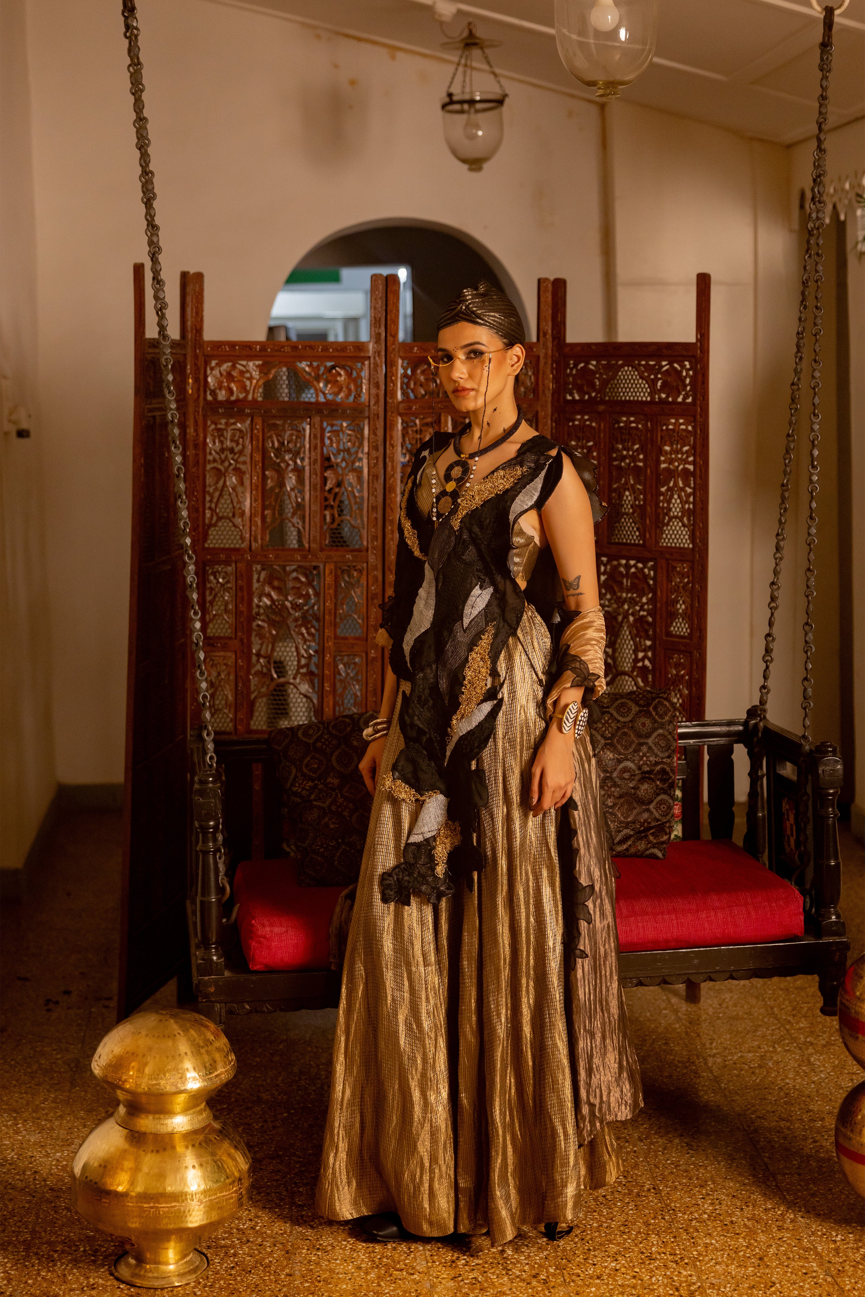 "BLACK OVERLAY WITH GOLDEN SKIRT BUSTIER AND DUPATTA ( indra)"