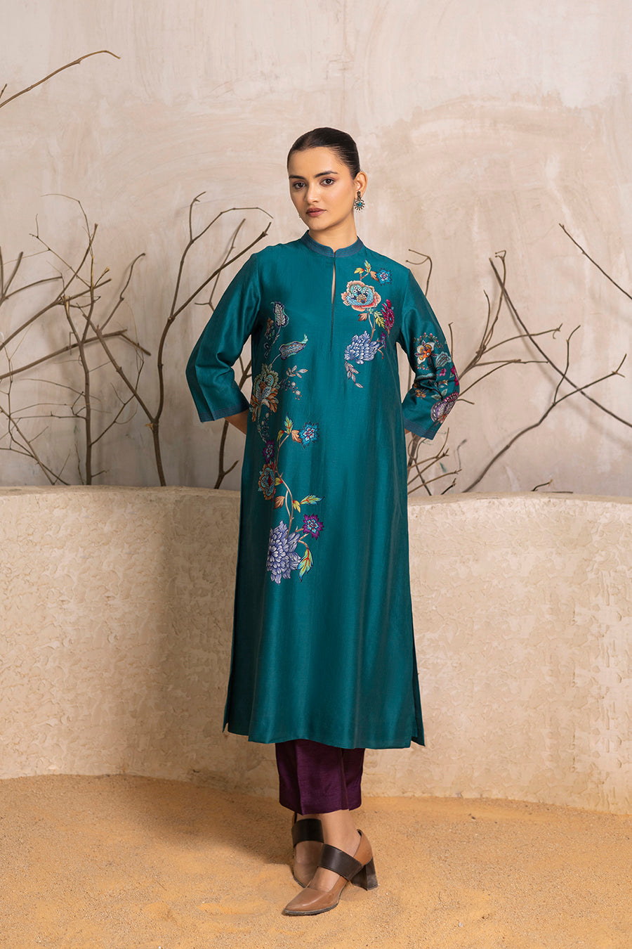 Emerald Silk Chanderi Floral Printed Tunic (1 PC)