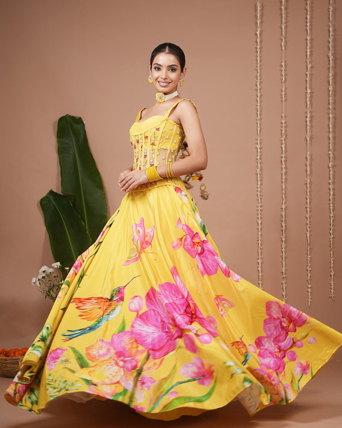 Mustard Floral Printed Corset Heavy Lehenga Set (Set of 3)