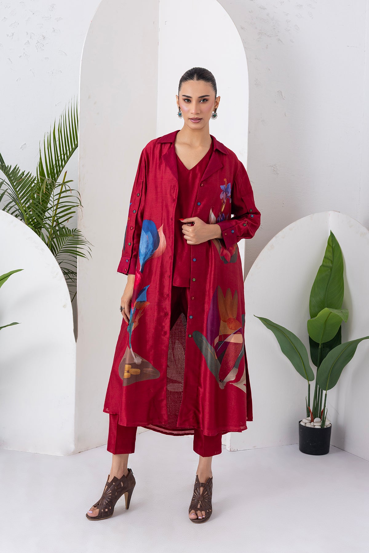 Red Viscose Dupion Printed Front Open Dress (1 PC)