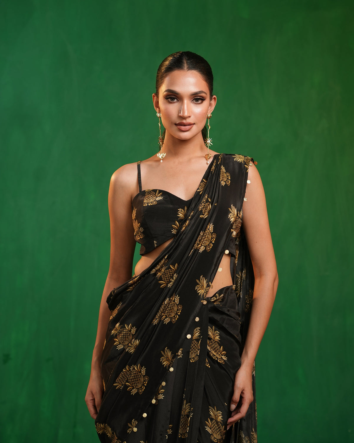 Pineapple Print Pre-Drape Saree With Statement Organza Poncho Set (Set of 3)