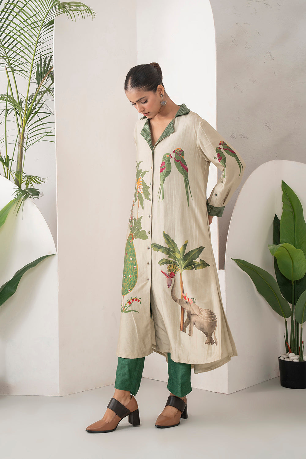 Beige Silk Chanderi Nature-Inspired Printed Dress Set (3 PCS)
