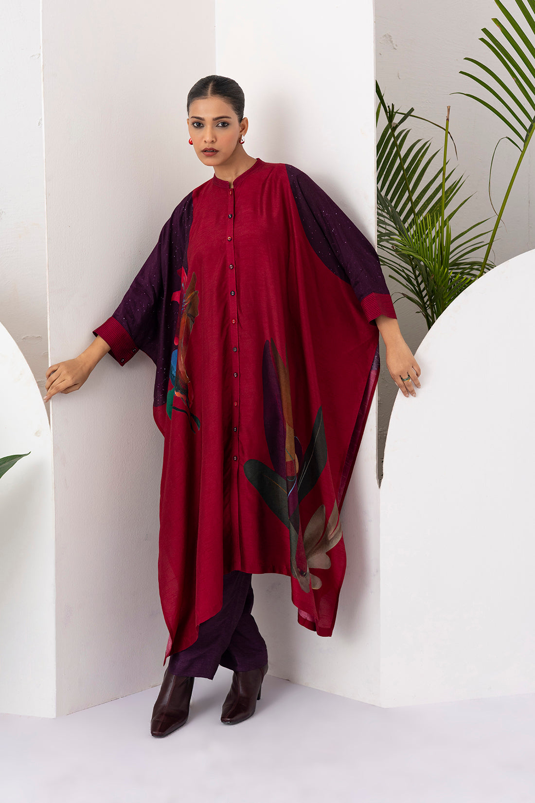 Red Viscose Dupion Printed Kaftaan Style Dress (1 PC)