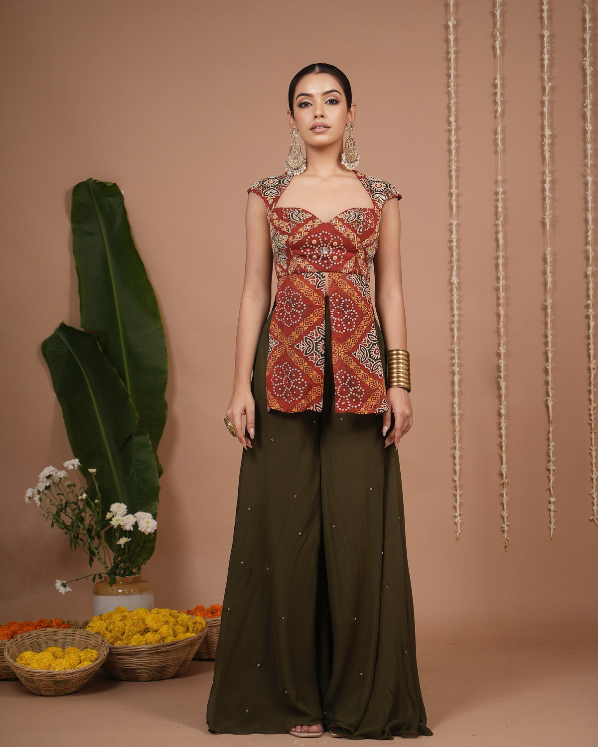 Red Bandhani Printed Kurti Palazzo Set (Set of 3)
