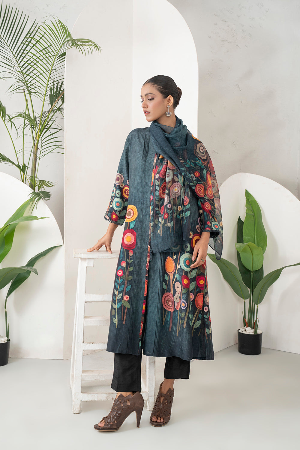 Charcoal Silk Chanderi Striking Floral Illustration Printed Dress Set (2 PCS)