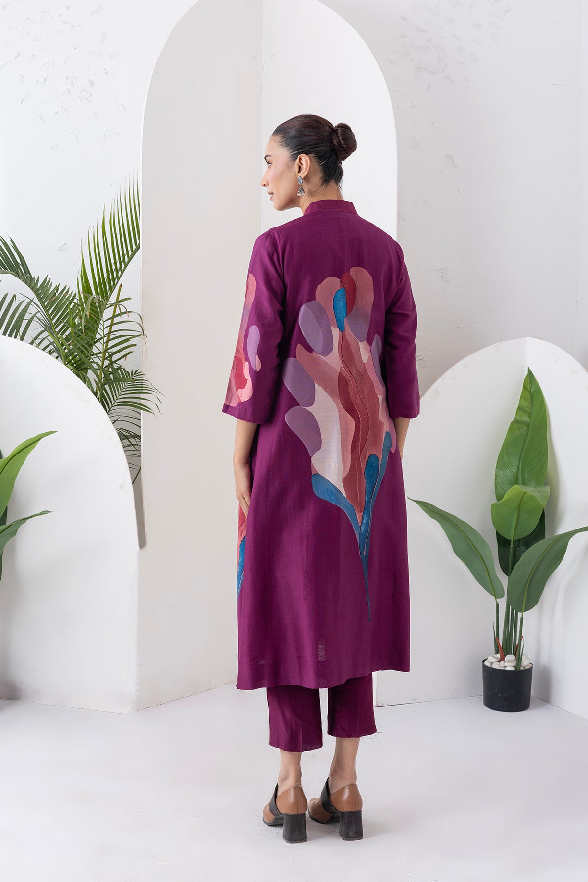 Wine Silk Chanderi Printed Dress (1 PC)