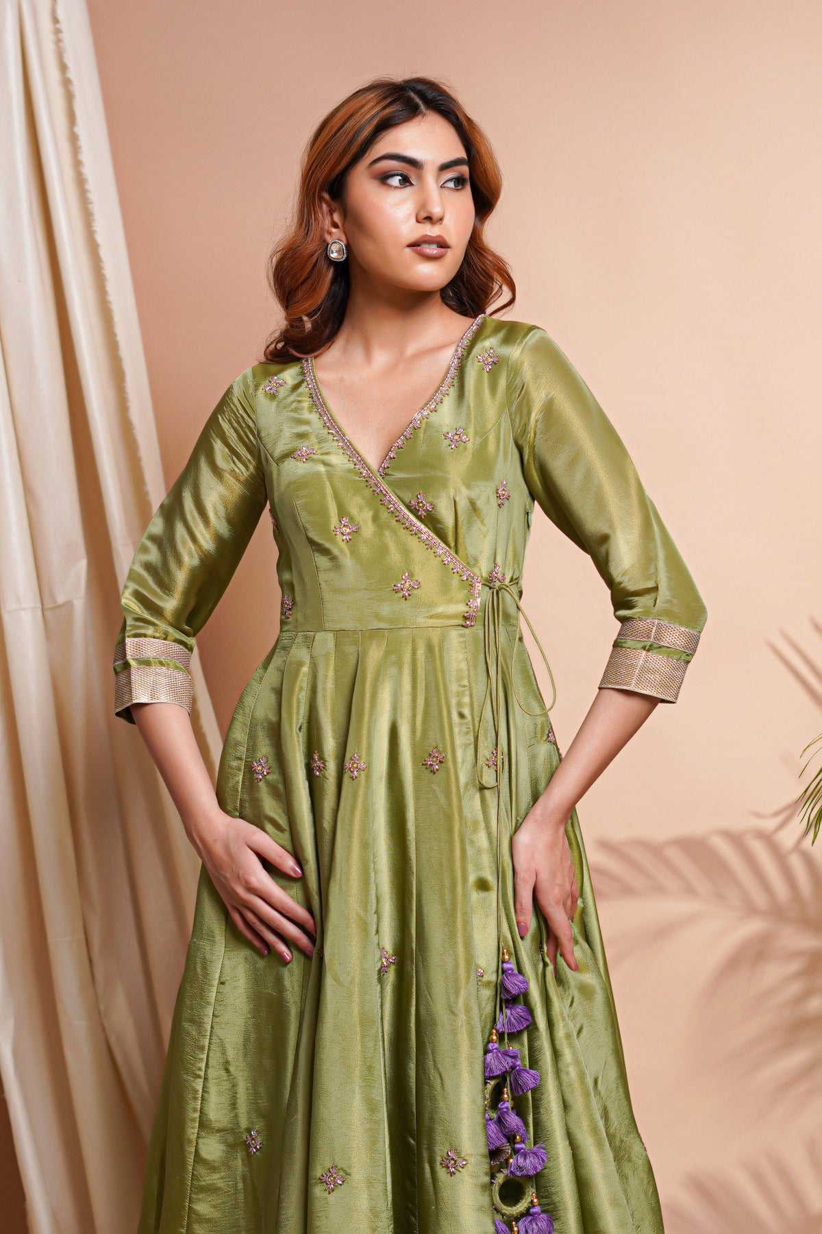 GREEN PURPLE TISSUE SILK ANGRAKHA ANARKALI SET (SET OF 3)
