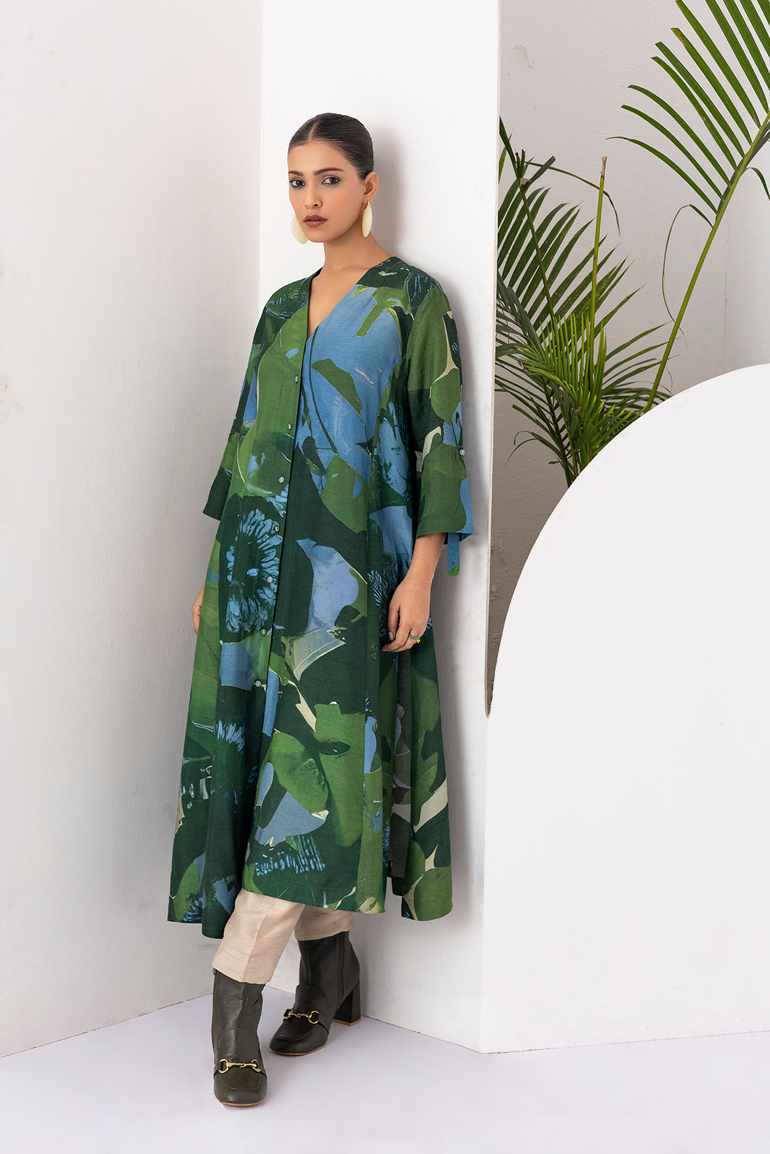 Green & Blue Viscose Dupion Printed Dress (1 PC)