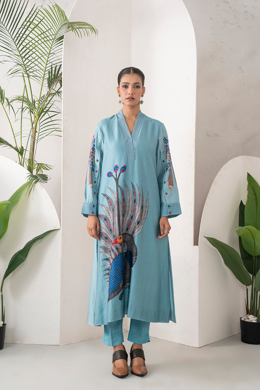 Sky Blue Silk Chanderi Striking Peacock Illustration Printed Tunic Set (2 PCS)