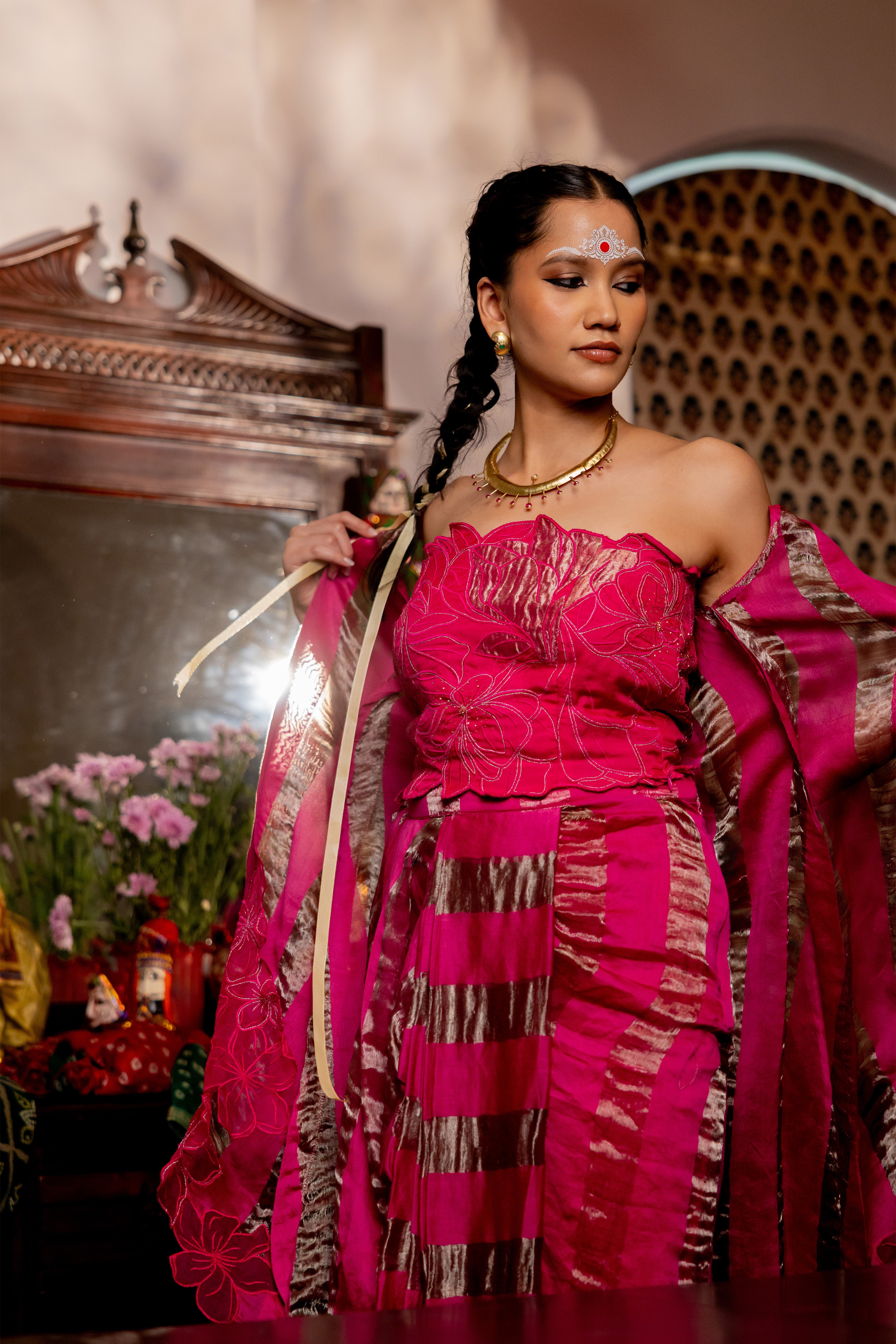 HOT PINK TUBE TOP , PLEATED SKIRT, OVERLAY (Velora)