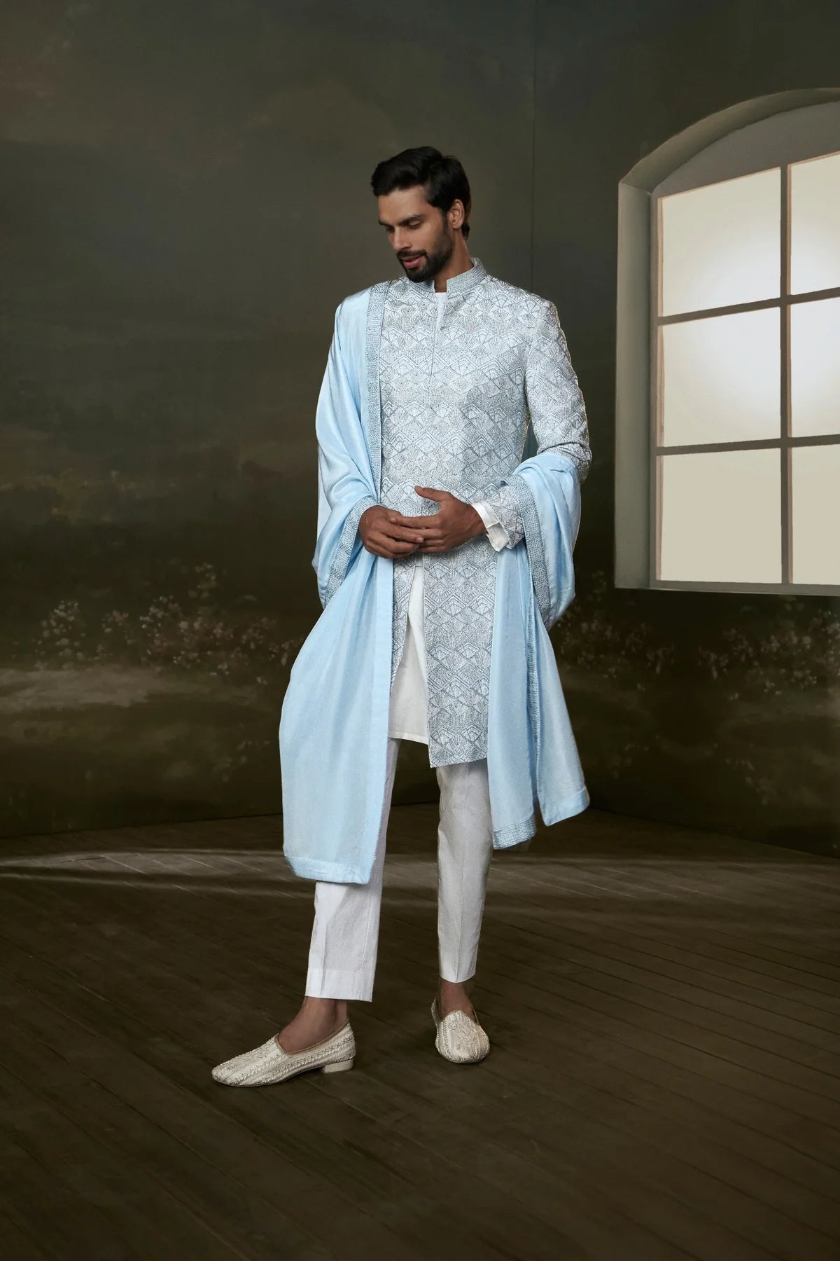 Powder-blue embroidered raw silk sherwani