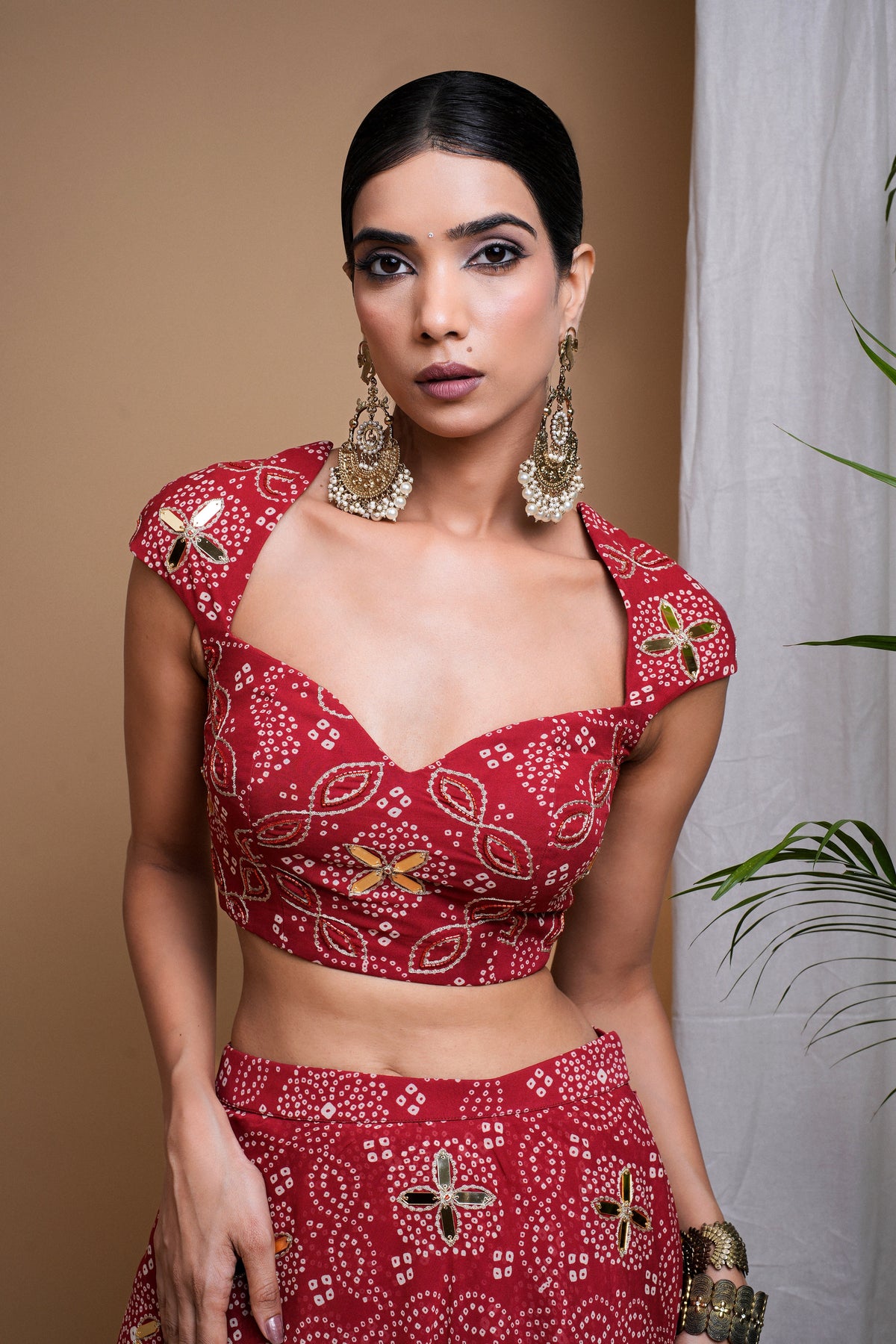 RED BANDHANI DIGITAL PRINT INDO LEHENGA SET (SET OF 2)
