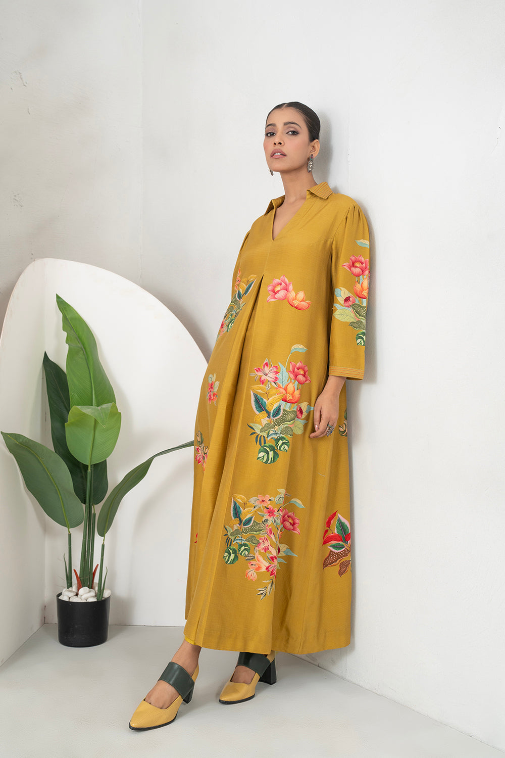 Mustard Silk Chanderi Front Pleat Detailed Colourful Floral Printed Dress Set (2 PCS)