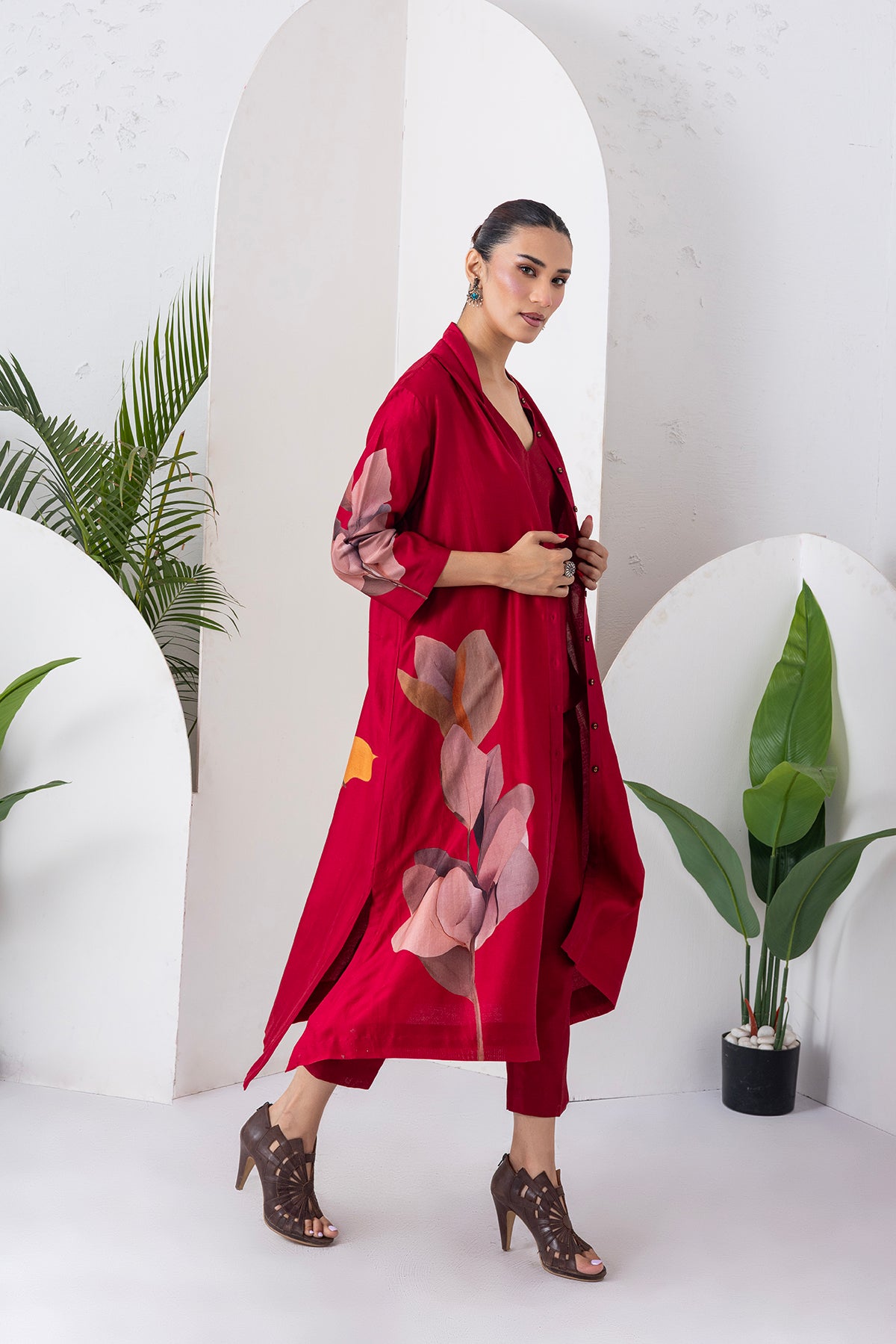Maroon Silk Chanderi Leaf Printed Dress (1 PC)