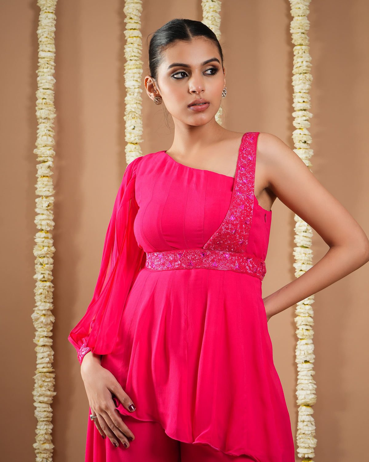 Hot Pink Georgette Short a-Line Kurti With Belt (Set Of 3)