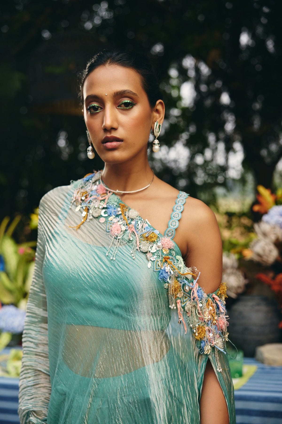 OFF SHOULDER CAPE PAIRED DRAPED SKIRT AND BLOUSE