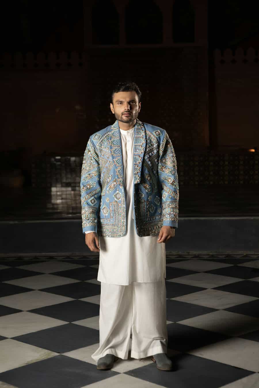 DEVI DRAPE DENIM EMBELLISHED BLAZER WITH KURTA AND PAJAMA