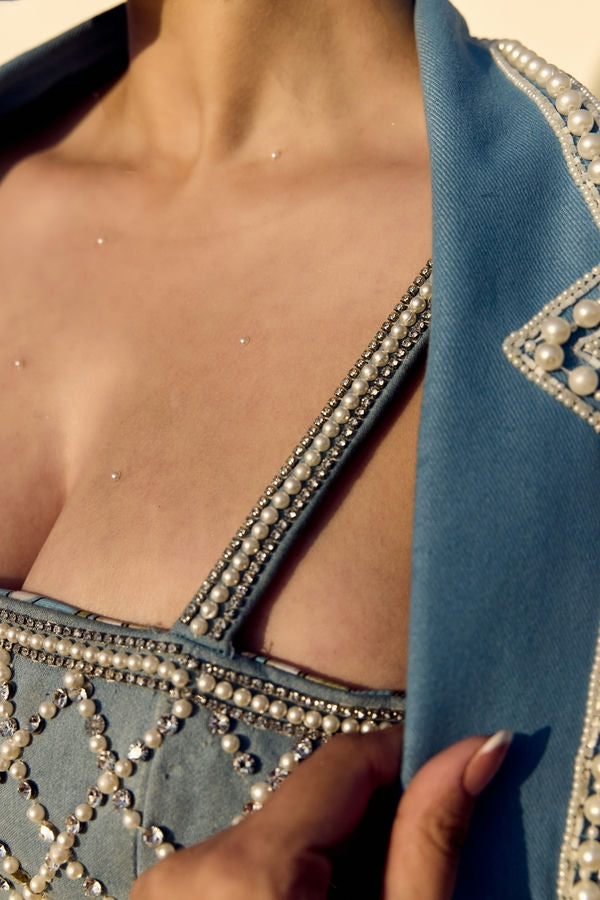 PEARL DENIM BLAZER WITH DENIM TUBE TOP AND DENIM CARGO