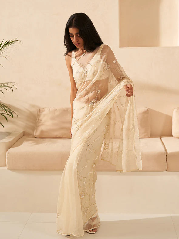 Daisy Cream Silk Organza Saree Set