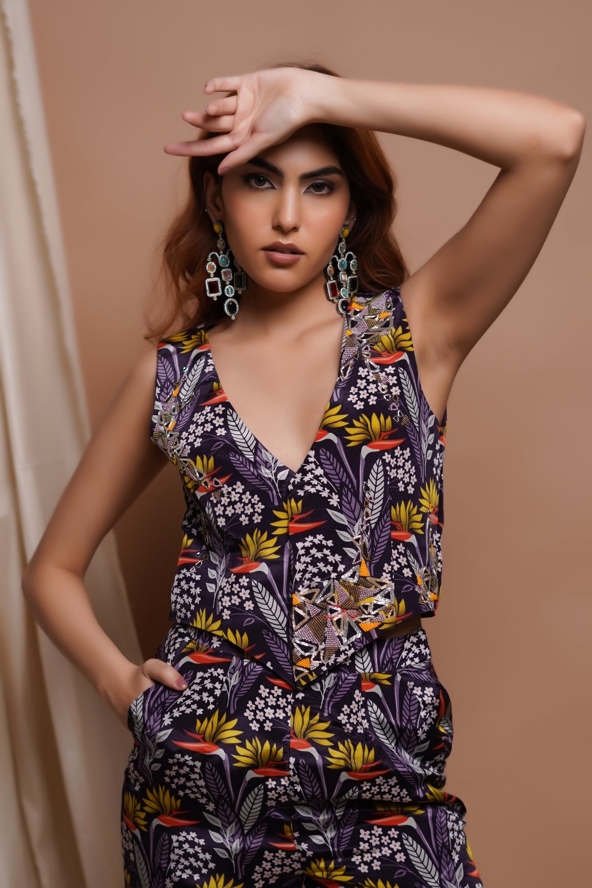 VIOLET PRINTED VEST COAT AND PANT/PALAZZO SET (SET OF 2)