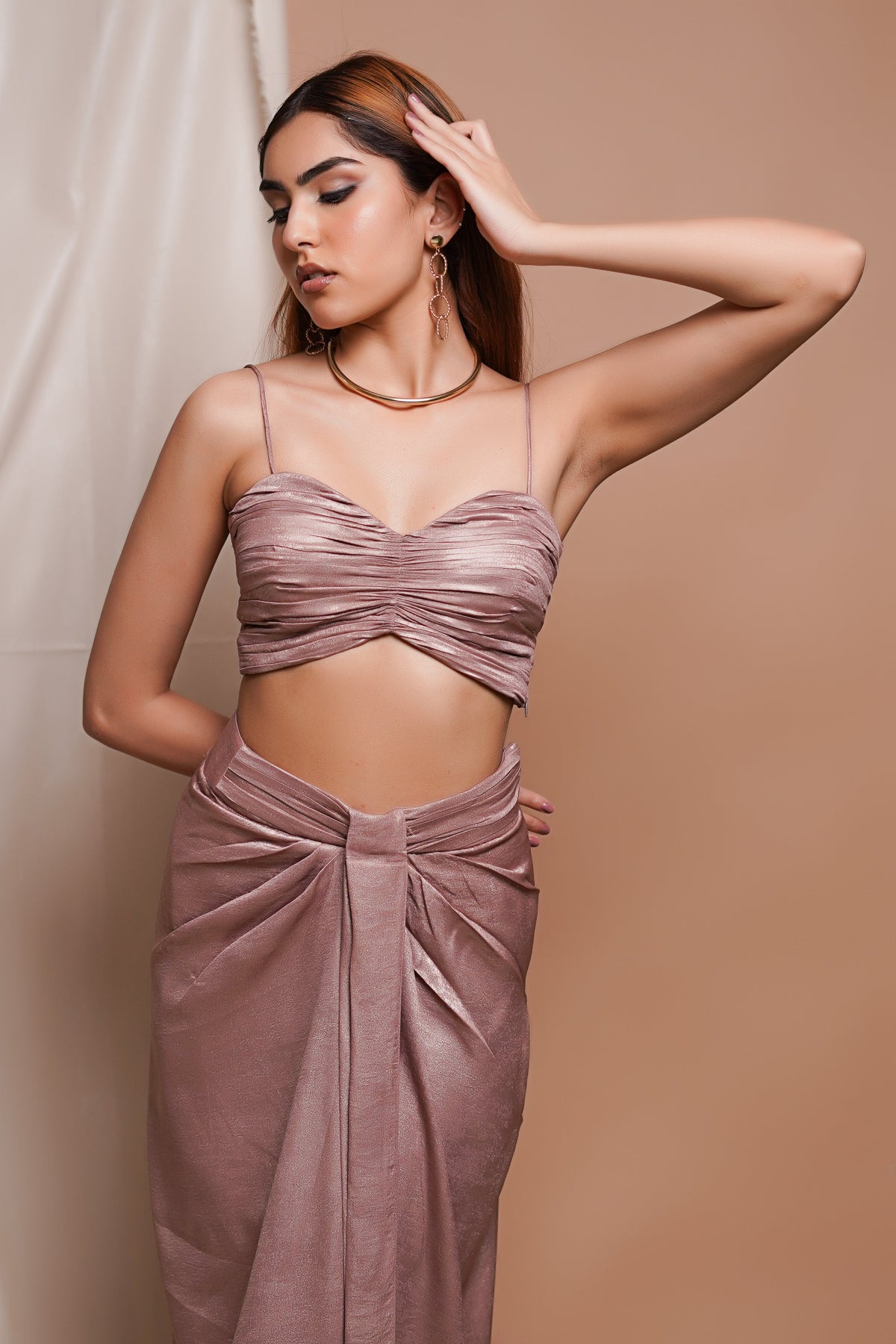 PINK SHIMMER DRAPE SKIRT AND COAT SET (SET OF 3)