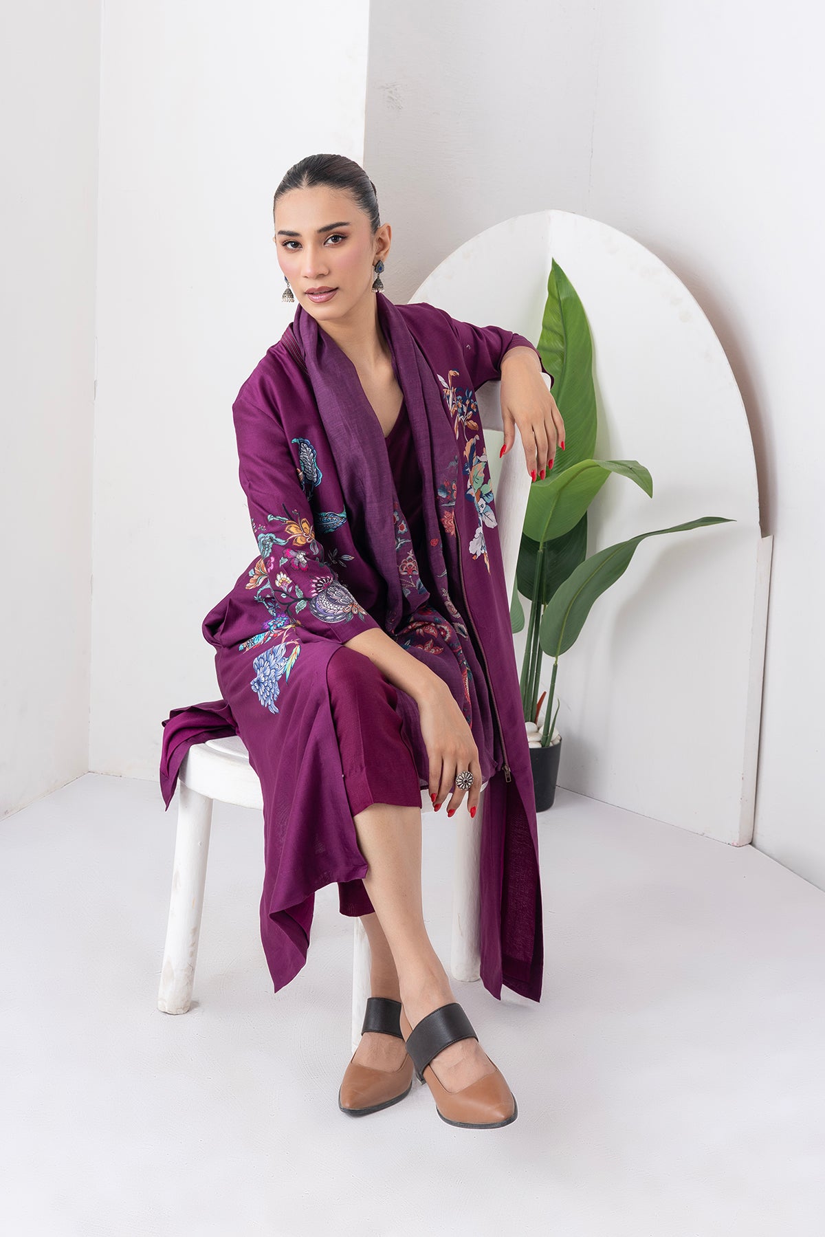 Wine Silk Chanderi Floral Printed Front Open Dress (1 PC)