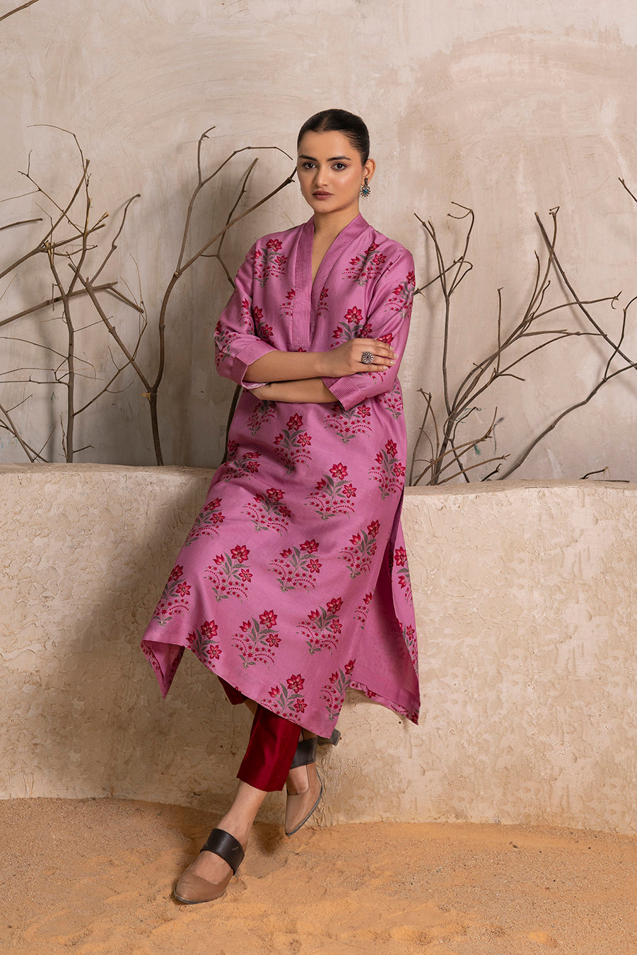 Salmon Pink Silk Chanderi Floral Boota Printed Tunic (1 PC)