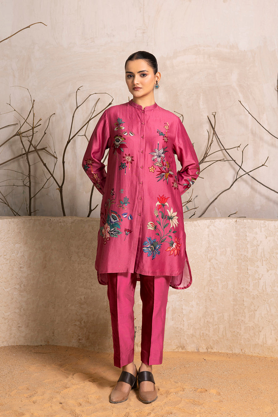 Old Rose Silk Chanderi Printed Shirt Style Tunic (1 PC)
