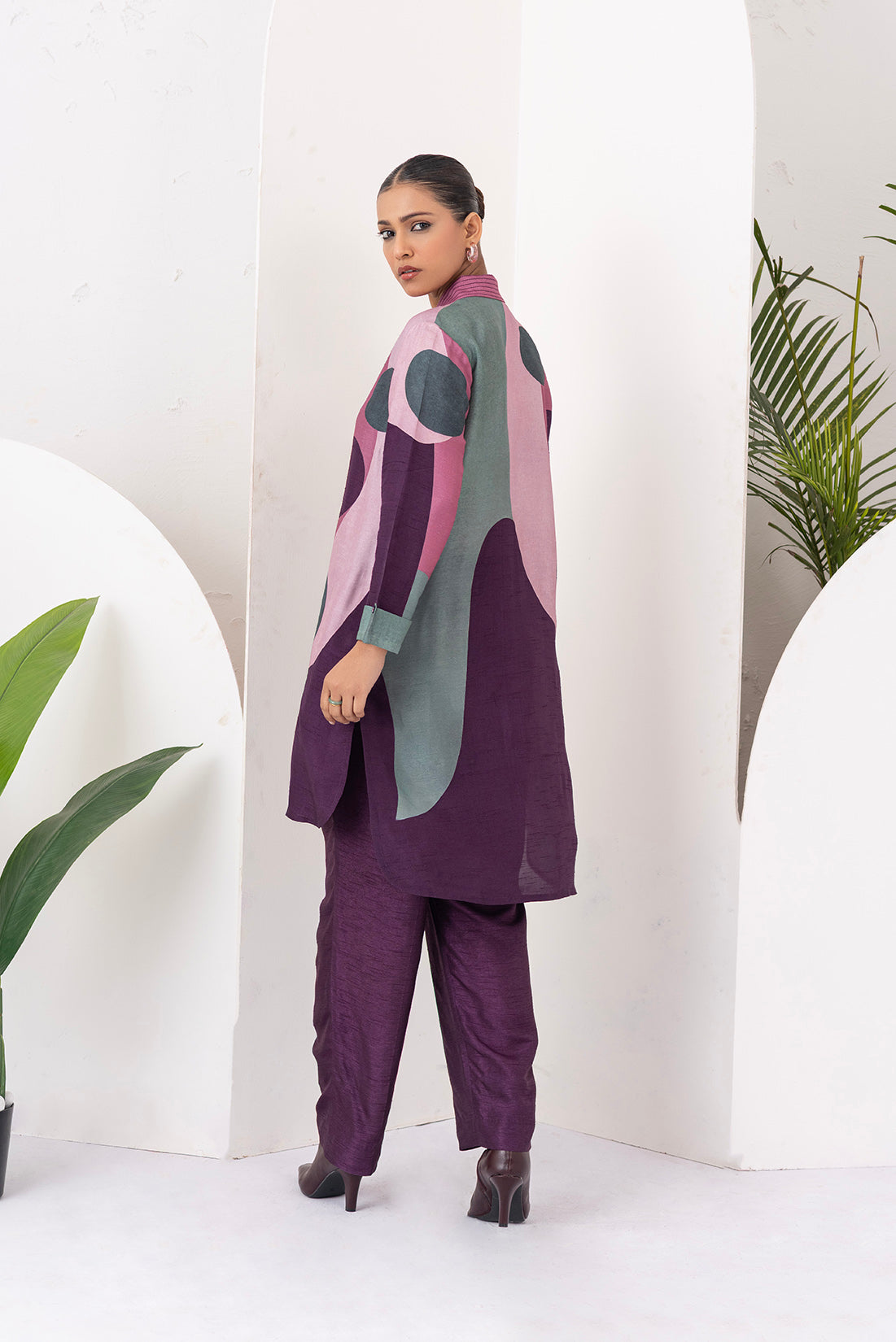 Salmon Pink & Wine Viscose Dupion Printed Shirt Style Tunic (1 PC)