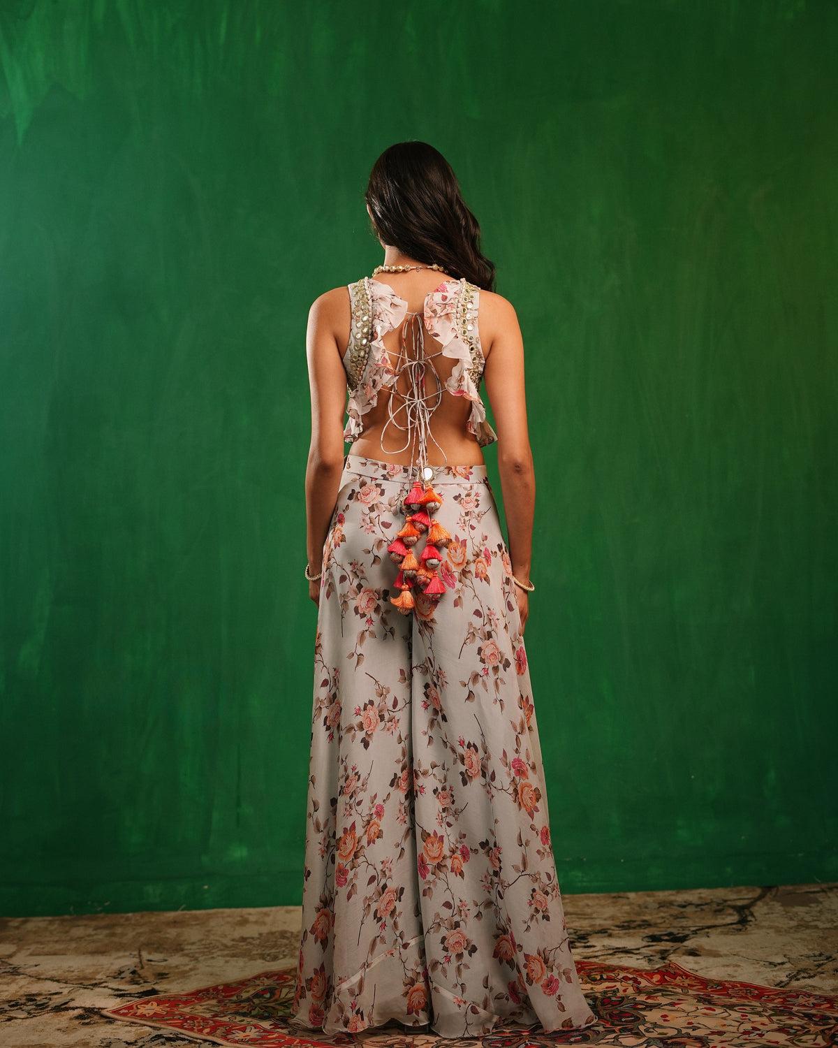 Sky Blue Floral Printed Backless Indo Set (Set of 2)