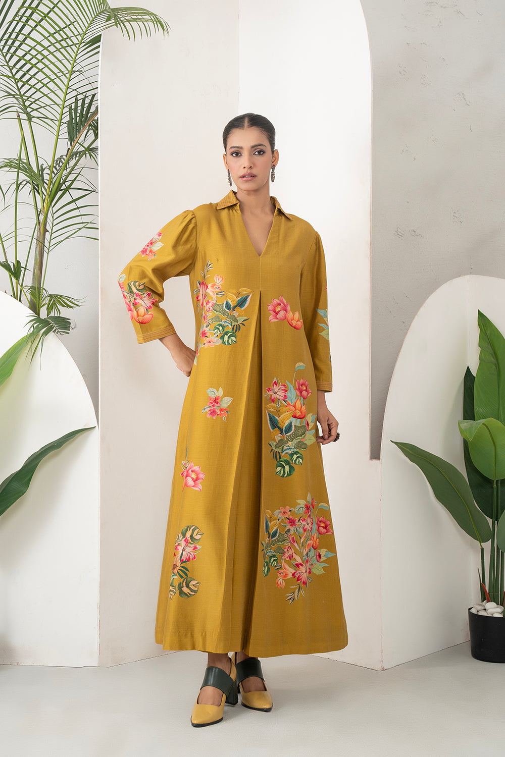 Mustard Silk Chanderi Front Pleat Detailed Colourful Floral Printed Dress Set (2 PCS)
