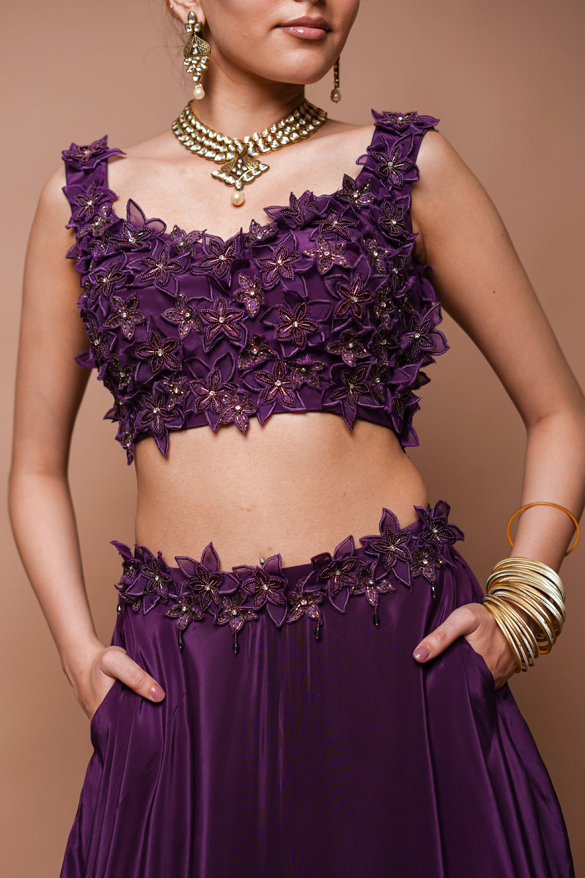 WINE 3-D LEHENGA SET (SET OF 3)