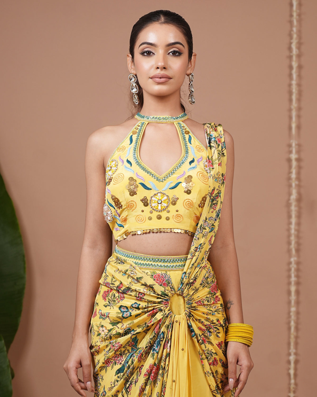 Bright Yellow Printed Halter Neck Indo Drape Set (Set of 2)