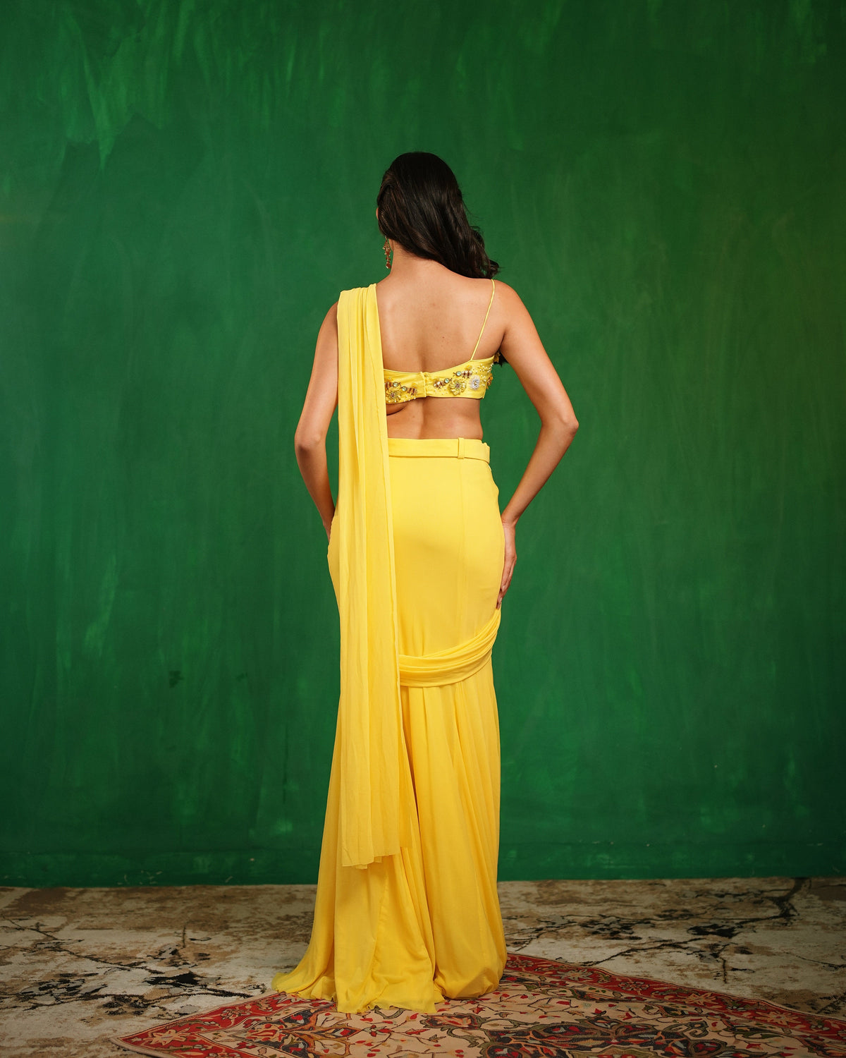 Sunshine Yellow Pre Drape Saree Set (Set of 2)