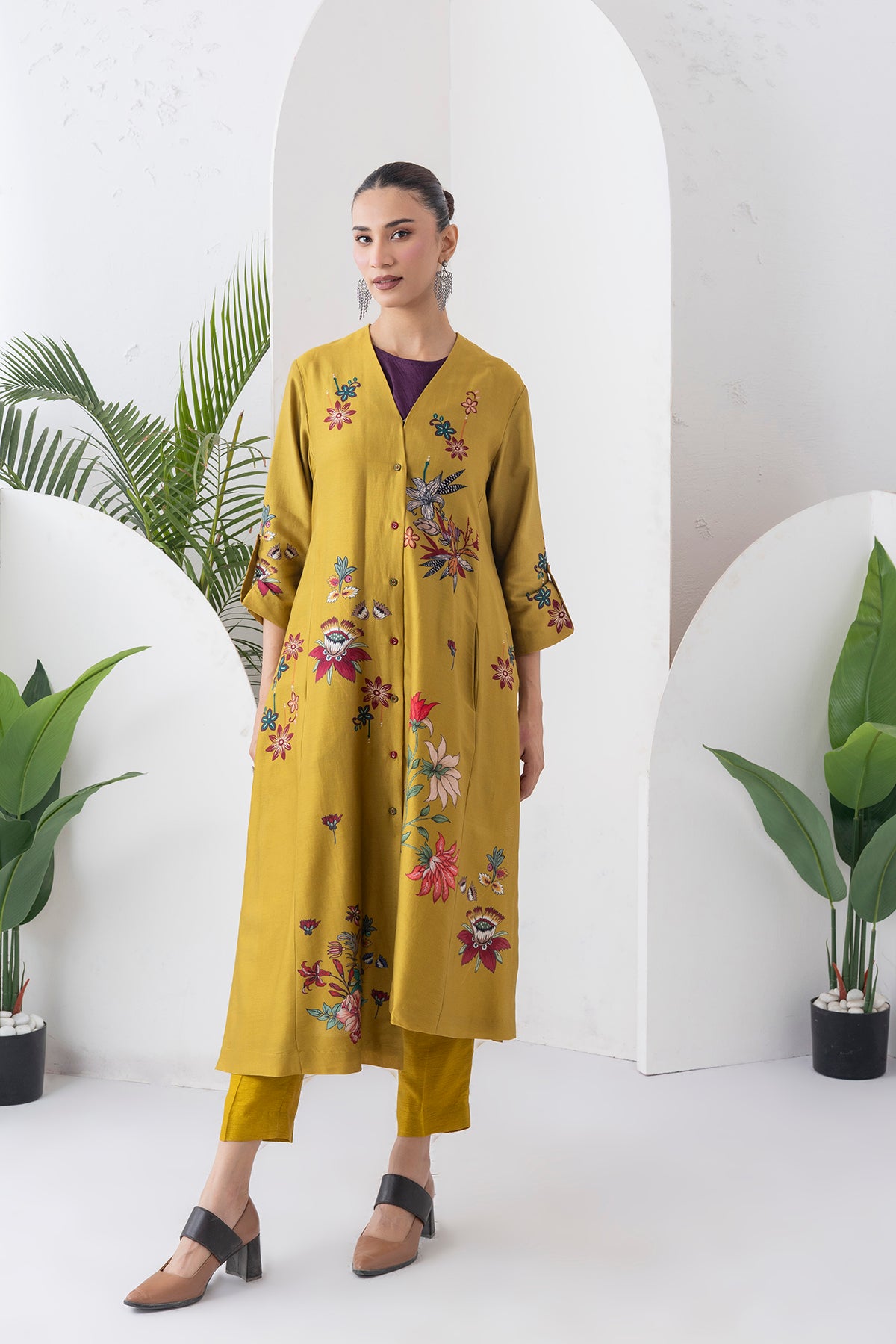 Mustard Silk Chanderi Printed High-Low Dress (1 PC)
