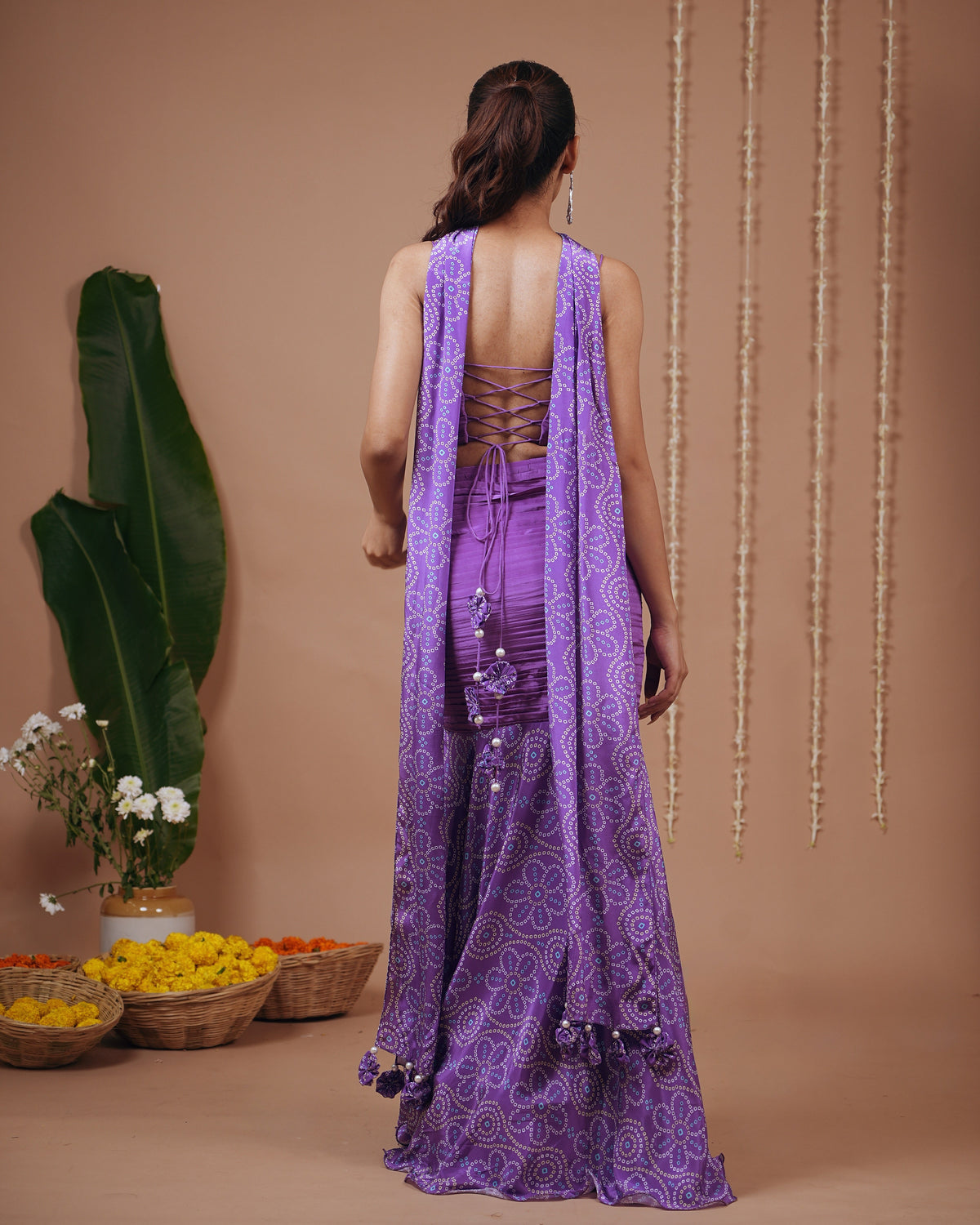 Purple Bandhani Corset Indo Skirt Set (Set of 3)