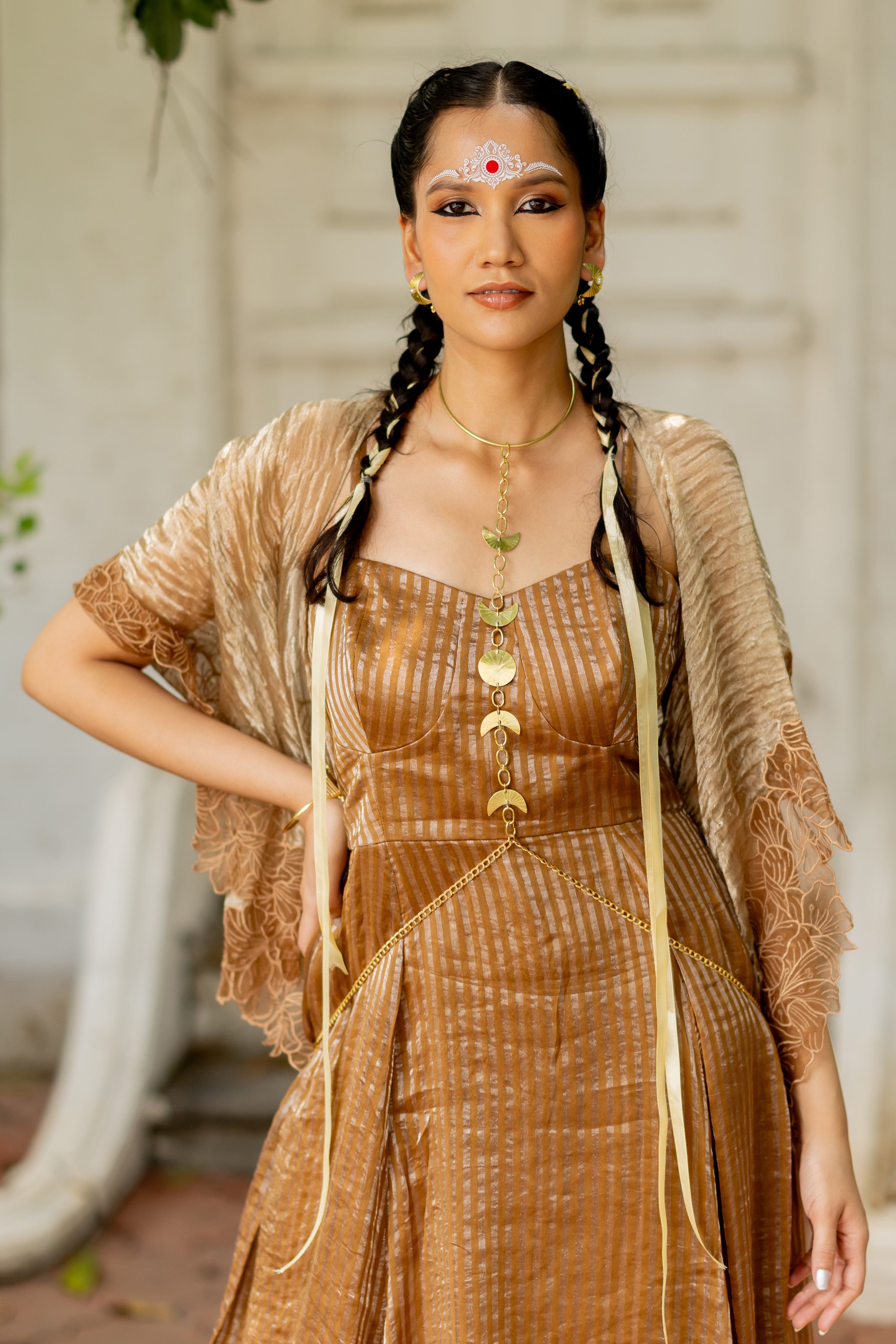 BROWN OVERLAY WITH STRIPE DRESS (Ritvi)