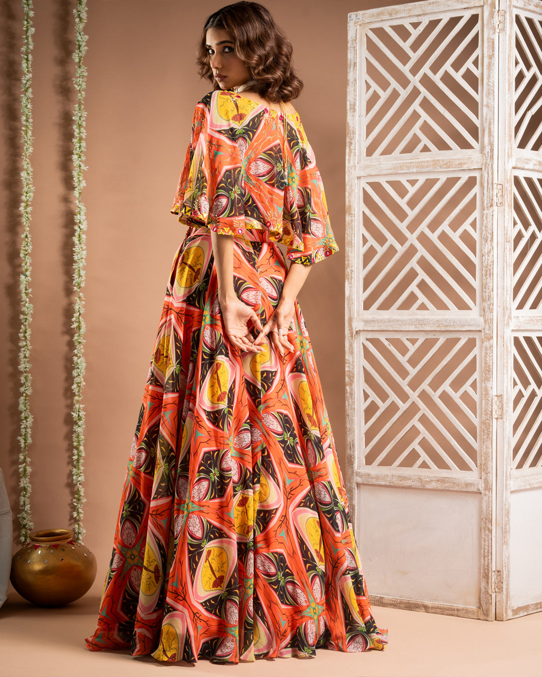 Abstract Print Cape Lehenga Set (Set of 3)