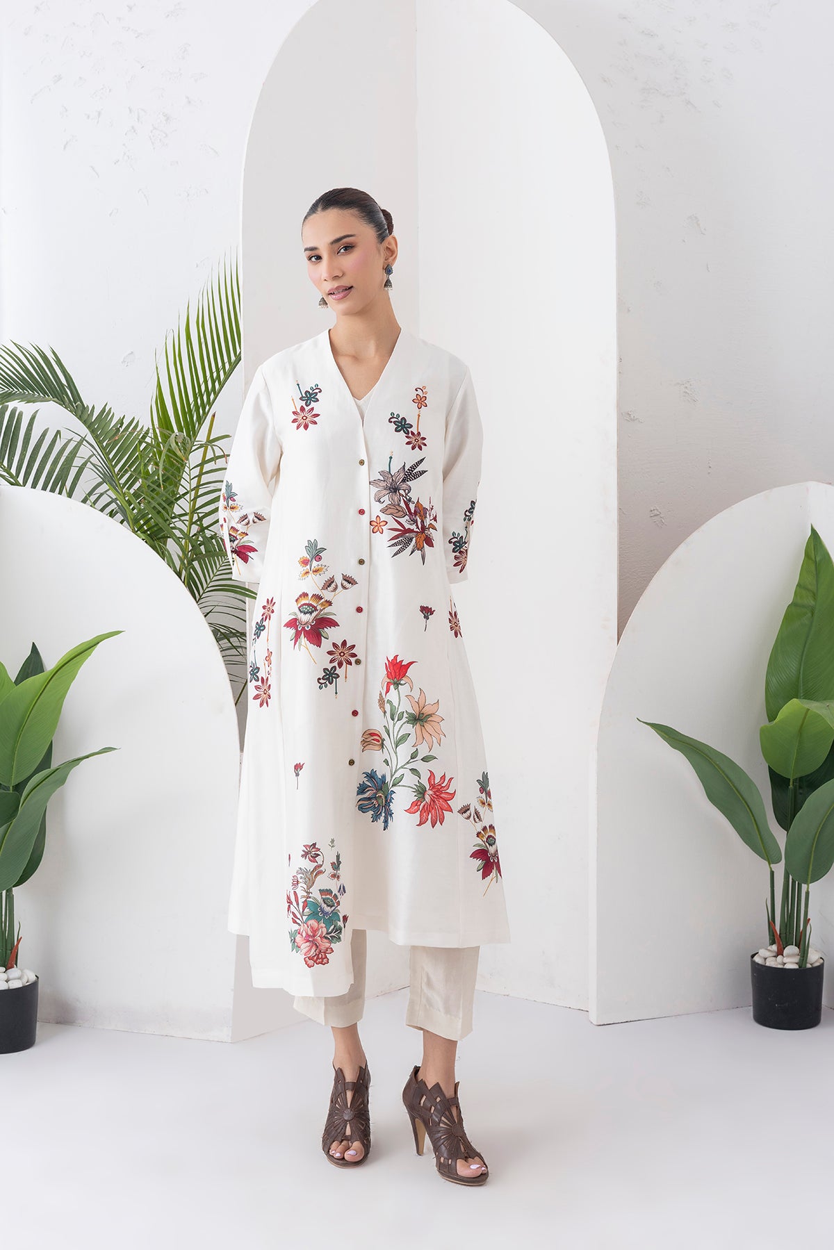 Ivory Silk Chanderi Printed High-Low Dress (1 PC)